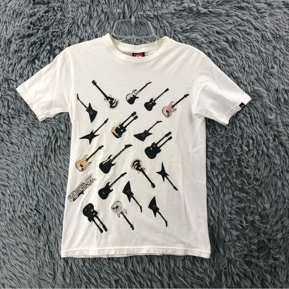Quicksilver Tshirt Boys Small Spellout Guitars White Short Sleeve Shirt